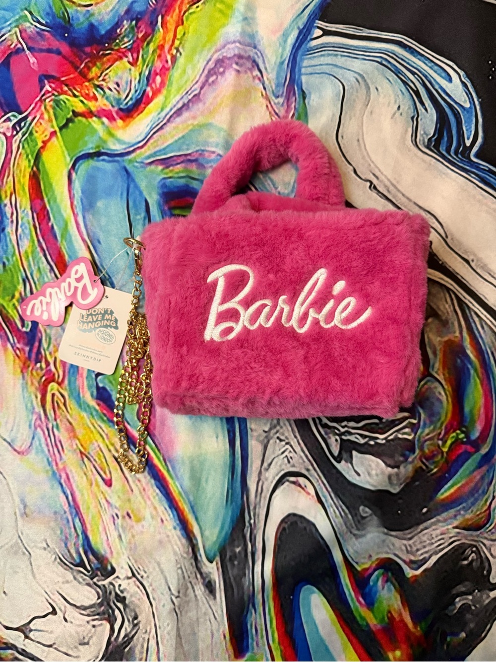 Barbie x Skinny Dip Hot Pink Plush Handbag with Gold Chain Strap